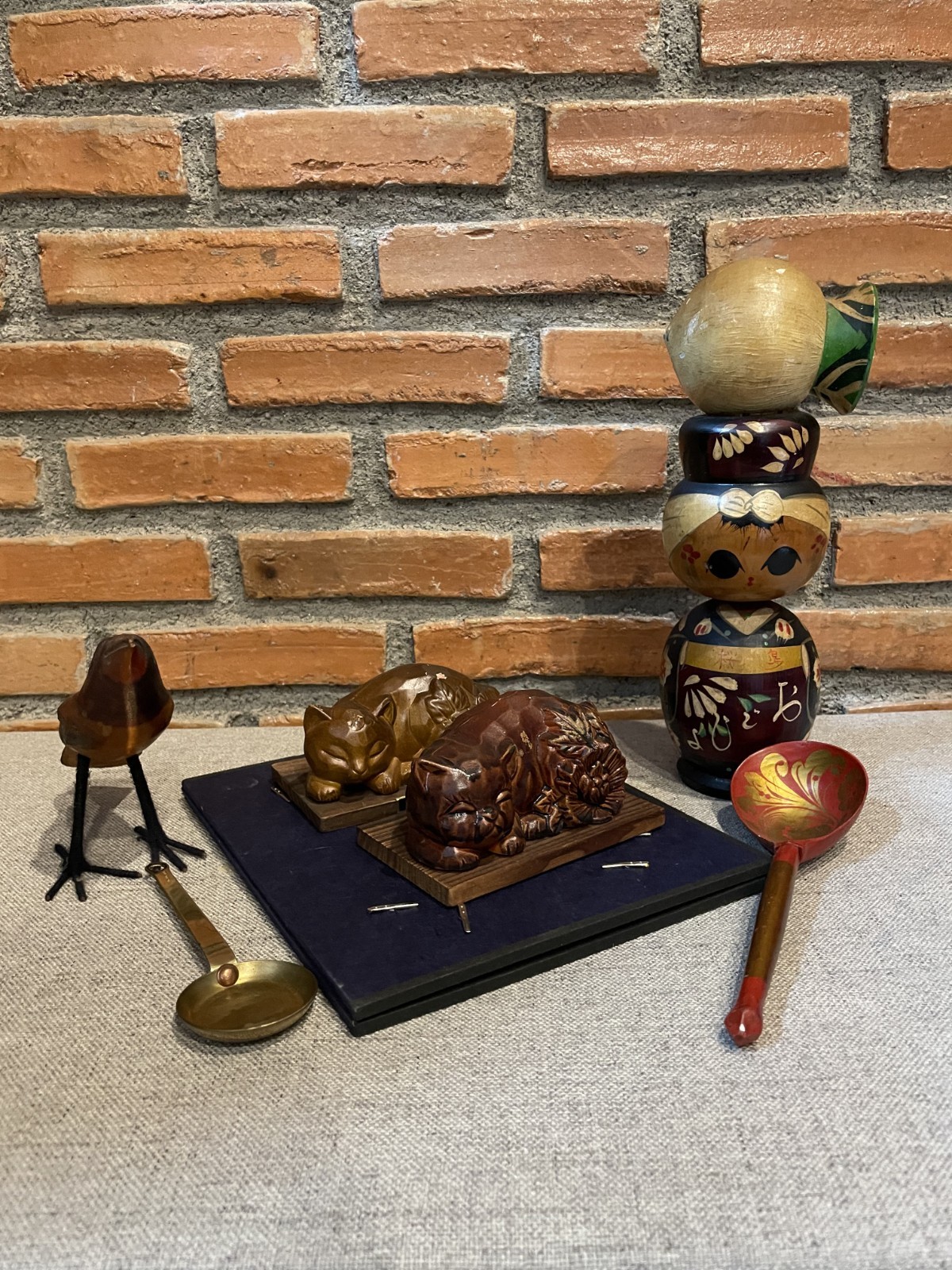 VTG Japanese Miniature Wooden Doll & Animal Figurine Set Folk Art Display Lot