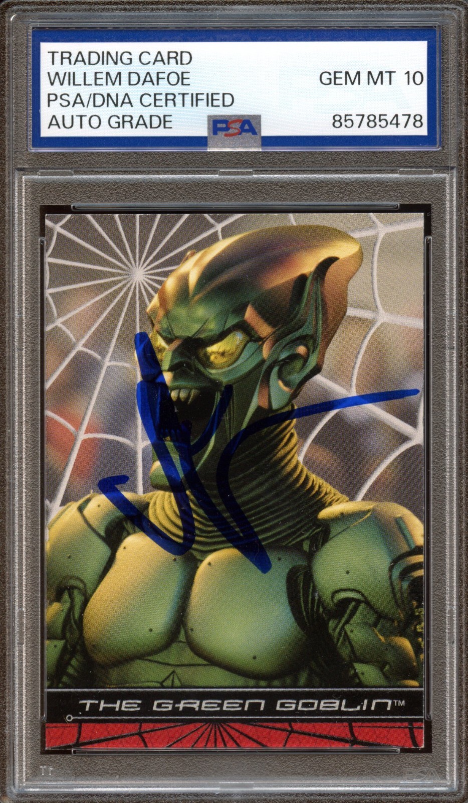 WILLEM DAFOE SIGNED 2002 TOPPS MARVEL SPIDER-MAN #9 GREEN GOBLIN PSA AUTO 10 WILLEM DAFOE SIGNED 2002 TOPPS MARVEL SPIDER-MAN #9 GREEN GOBLIN PSA AUTO 10