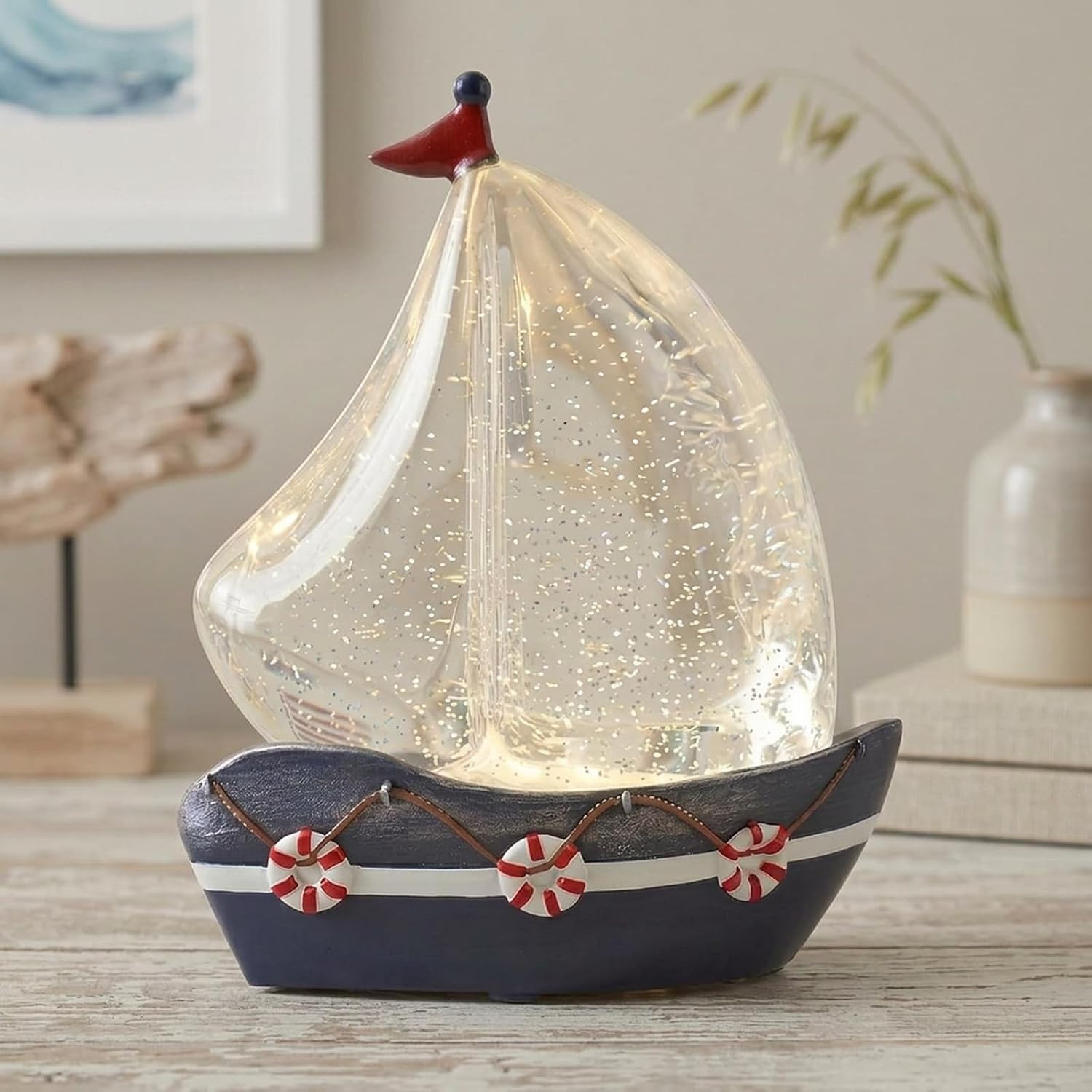 Sailboat Snow Globe Ocean Themed, Nautical Snow Globe with 6H Timer, Swirling Gl