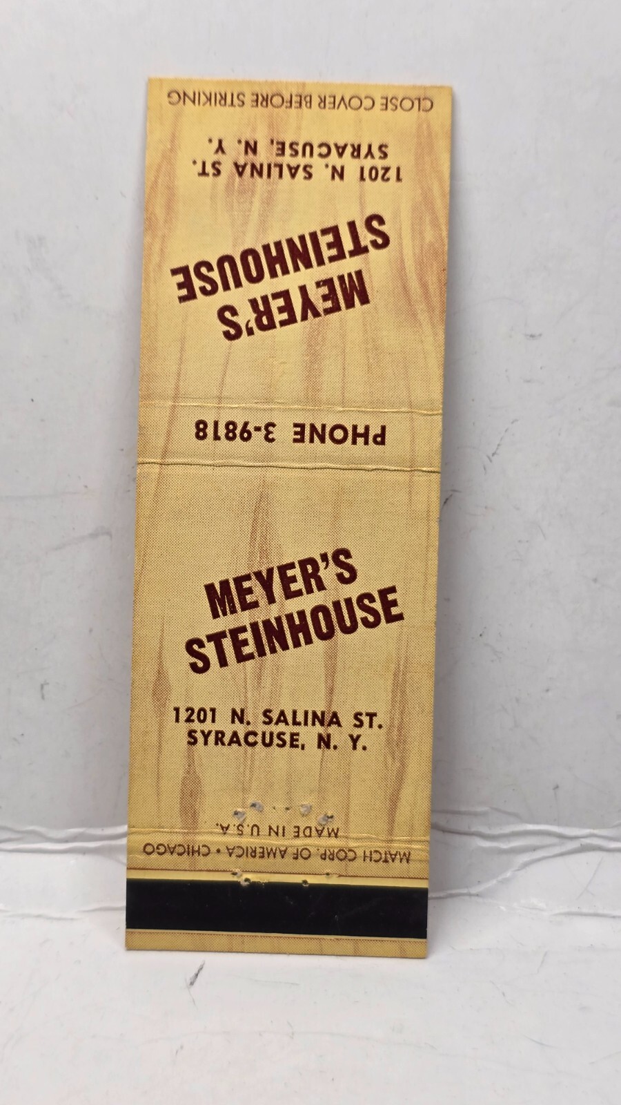 Vintage Matchbook Cover - Meyer\'s Steinhouse Restaurant Syracuse New York NY Vintage Matchbook Cover - Meyer\'s Steinhouse Restaurant Syracuse New York NY