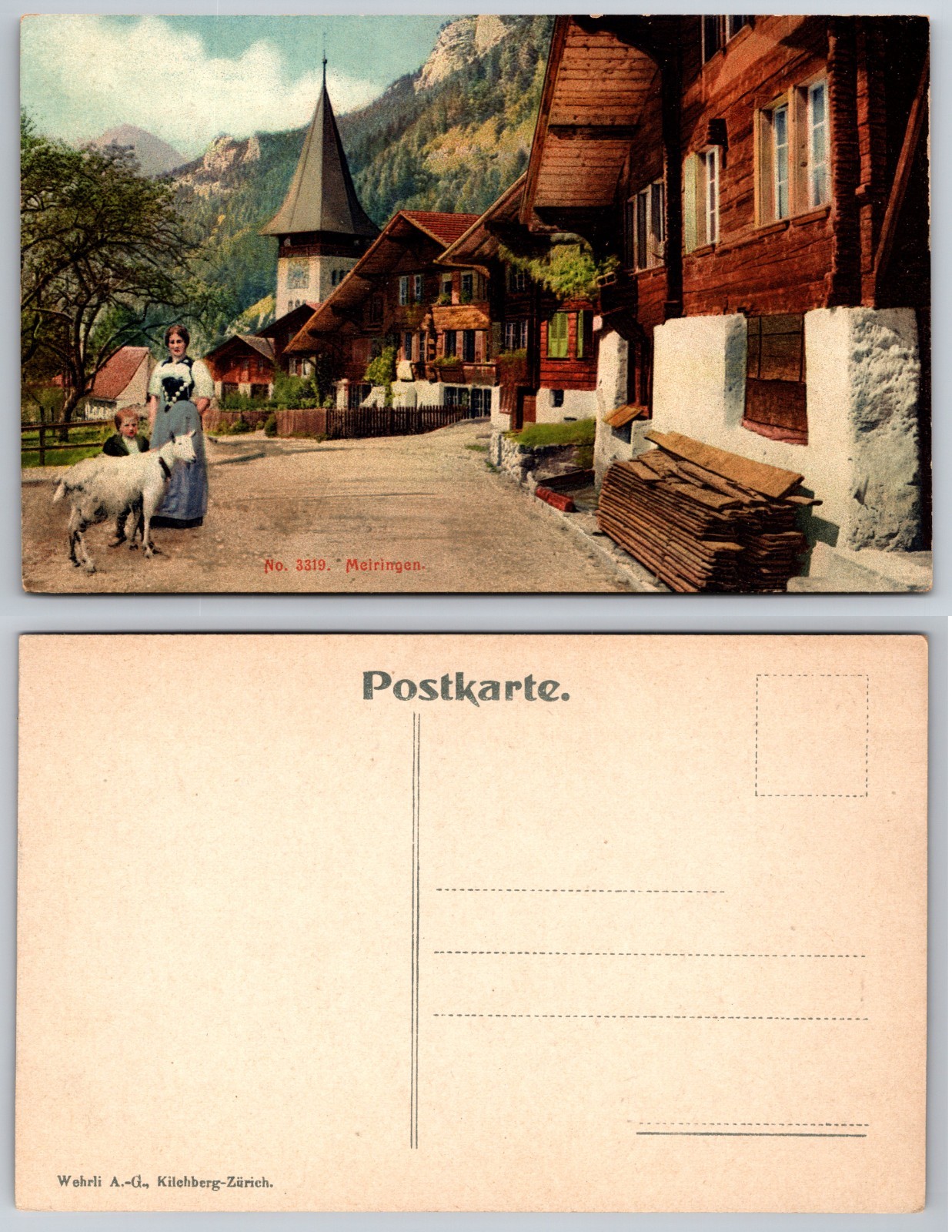 Meiringen Street Scene Church Mountains Postcard