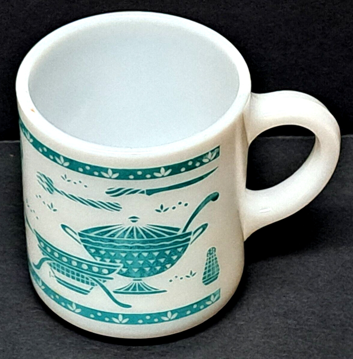 Vintage milk glass coffee mug with teal green kitchen items and handle unmarked