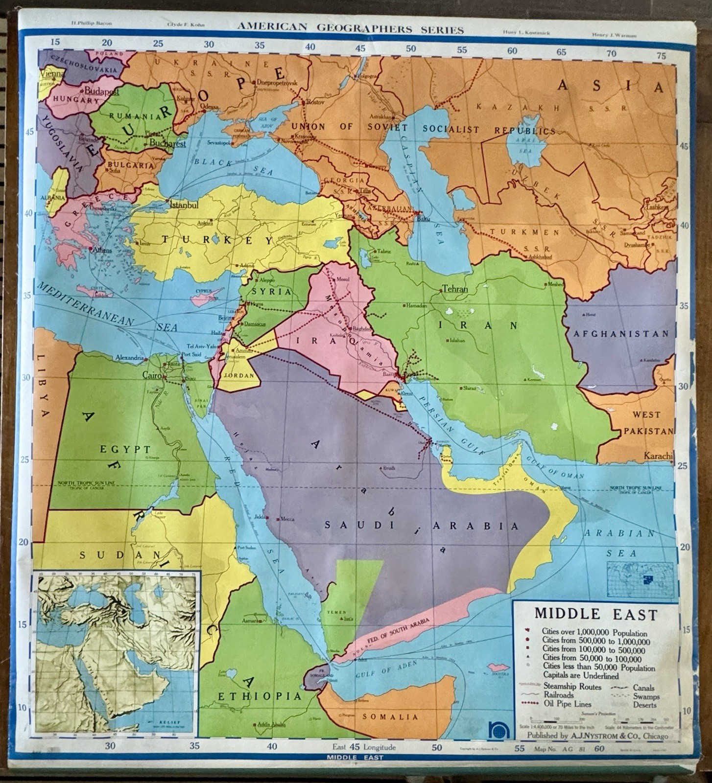 Vintage 1967 A.J. Nystrom Middle East Political School Wall Map AG 81 60 USSR