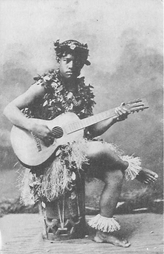 Postcard HI: Hawaiian Boy with Guitar, Traditional Dress, circa 1920, Repro Postcard HI: Hawaiian Boy with Guitar, Traditional Dress, circa 1920, Repro