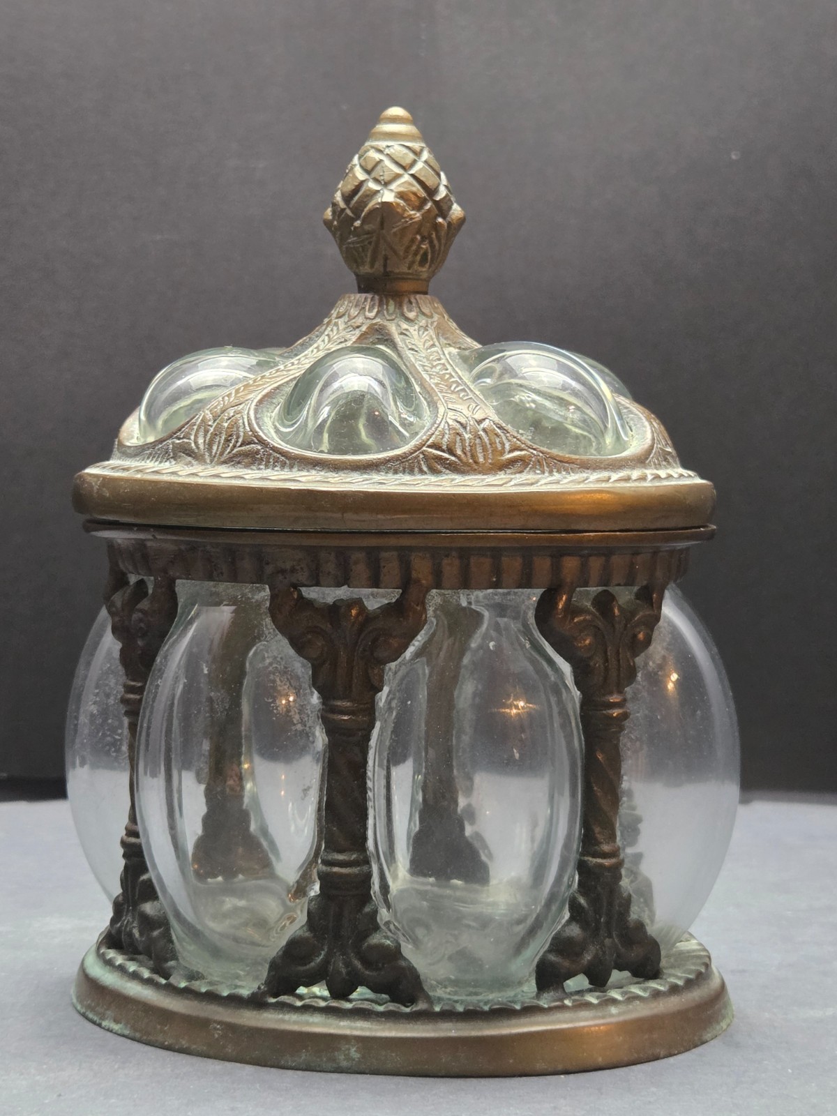 Vintage Brass Bubble Glass Apothecary Jar Caged Baroque Lidded Tobacco Humidor