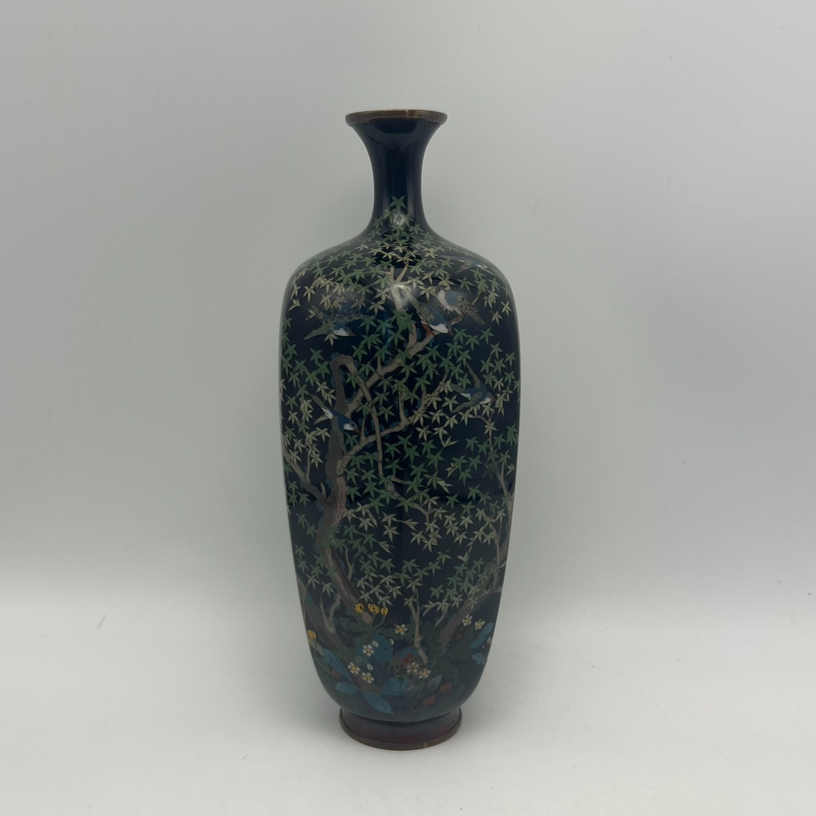 Vintage Japanese Cloisonne Enamel Vase Black Floral Bird Design 9 Vintage Japanese Cloisonne Enamel Vase Black Floral Bird Design 9