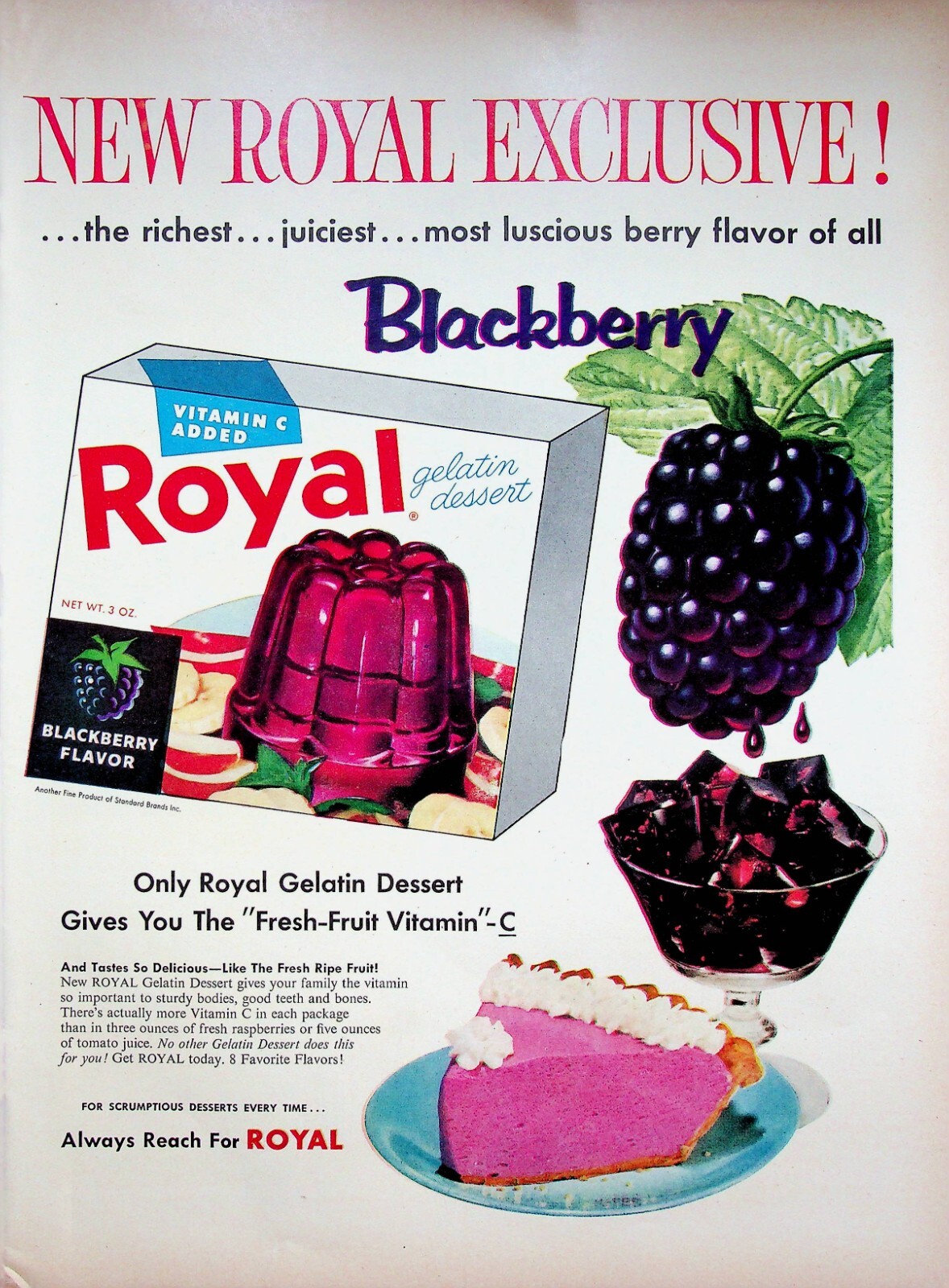 1957 Royal Blackberry Gelatin Dessert Print Ad Rich Juicy Luscious Berry Flavor