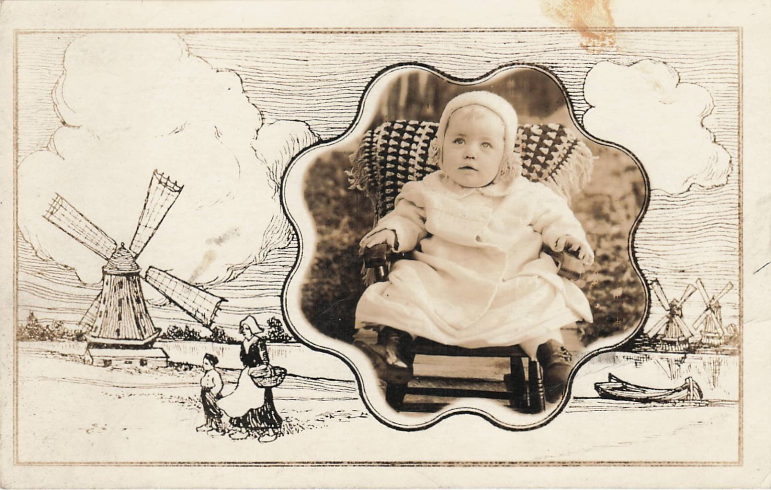 Rppc Cute Baby in Chair Dutch Windmill & Figures Postcard Antique c1910s