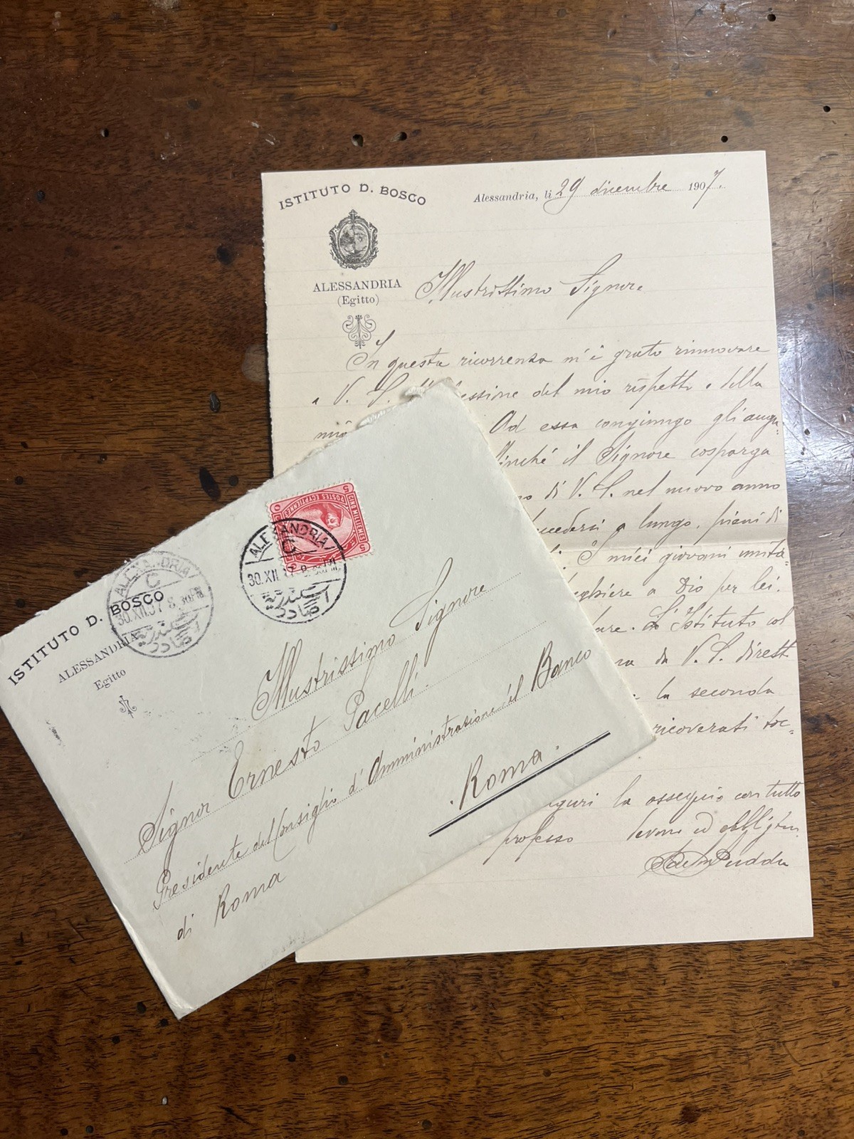 Alexandria of Egypt 1907, letter from Don Bosco Institute to Pres. Banco Roma.