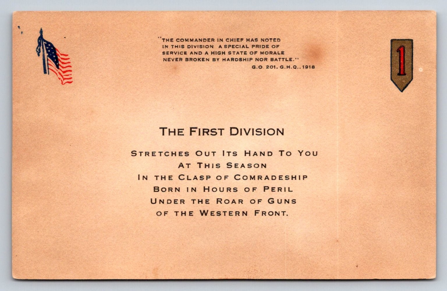 WWI US First Division 1918 Western Front Patriotic Postcard Military History