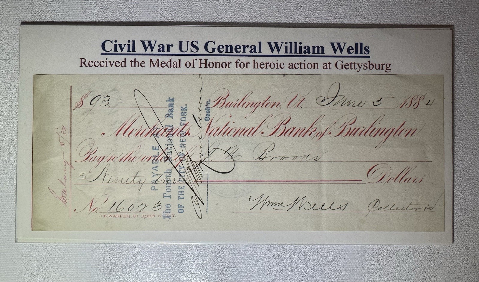 JSA 1884 Civil War Gen William Wells Handwritten and Signed Check JSA 1884 Civil War Gen William Wells Handwritten and Signed Check