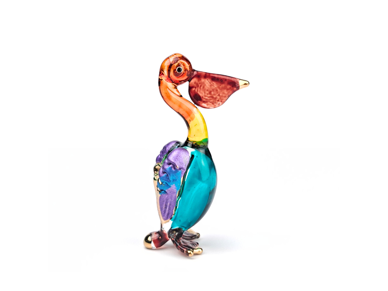 Handmade Pelican Glass blown Figurine Miniature - Pelican Lover with Gold accent