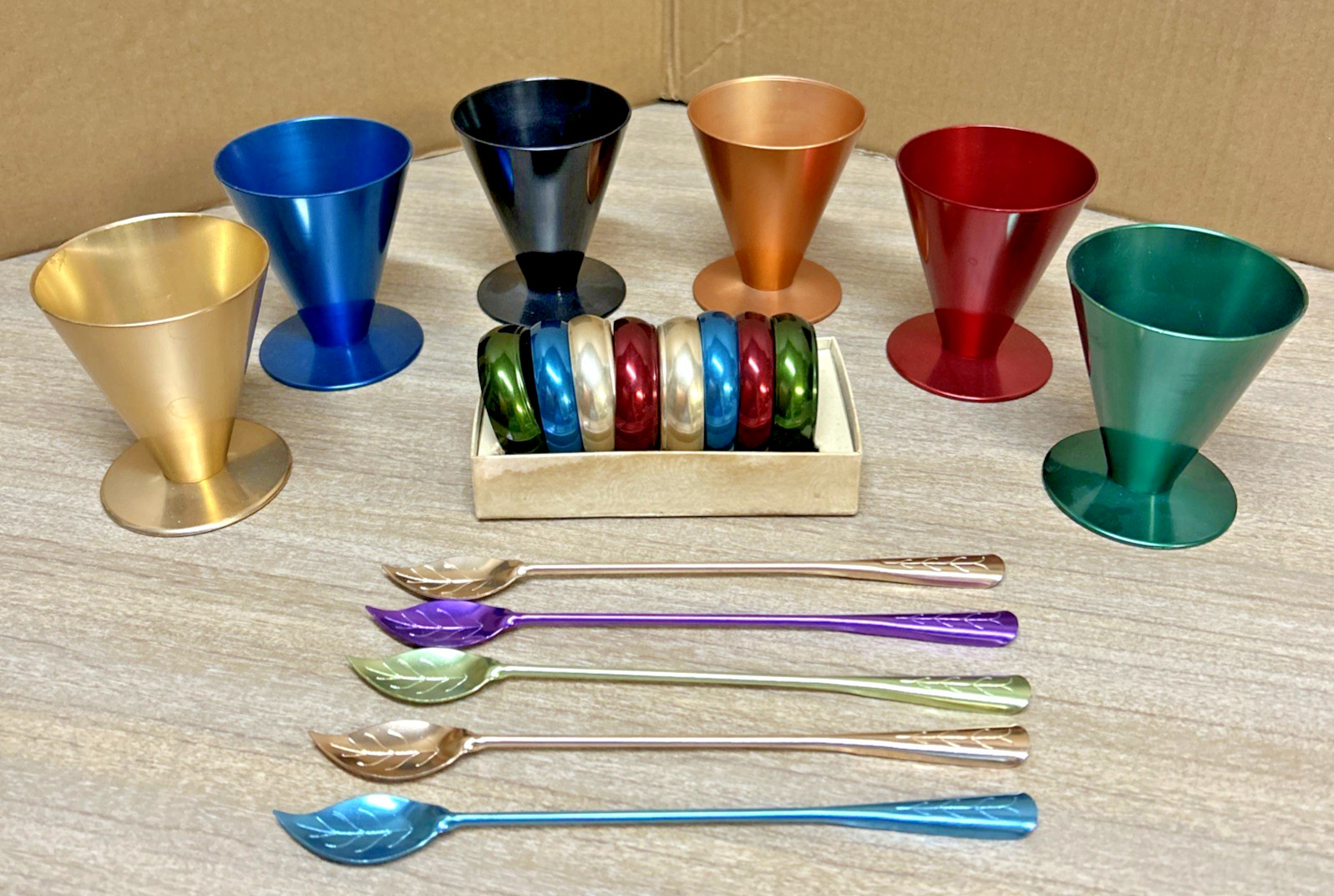 VTG Anodized Aluminum Drink Cone Tumblers, Tall Stirs Spoons, + Retro Bar Ware VTG Anodized Aluminum Drink Cone Tumblers, Tall Stirs Spoons, + Retro Bar Ware