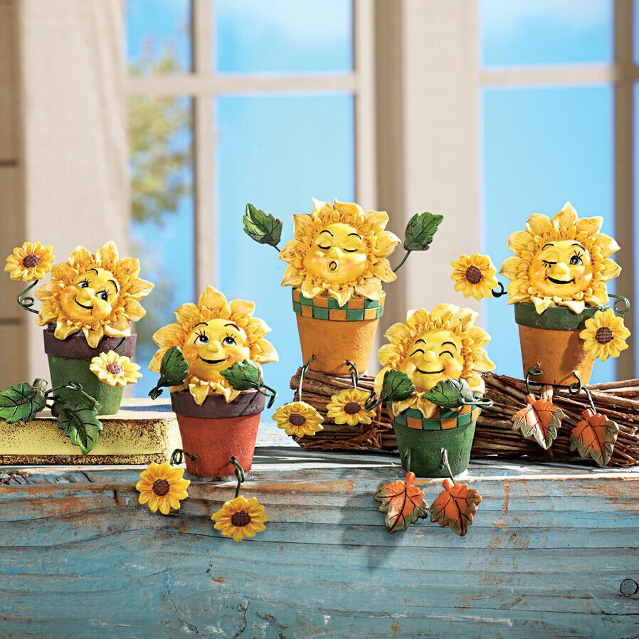 Set of 5 Anthropomorphic Sunflower Shelf Sitters Figurine Poseable Home Decor