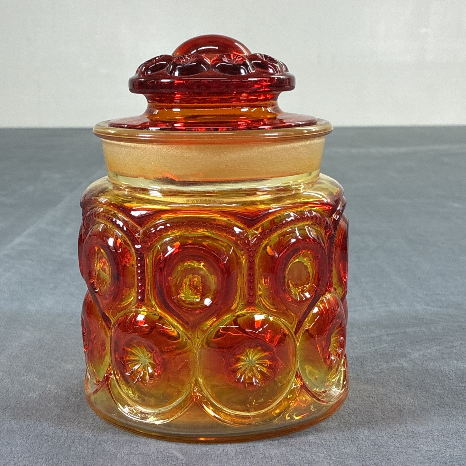 L E Smith Moon & Stars Red Cadmium Amberina Glass Canister Apothecary 7 “ Jar