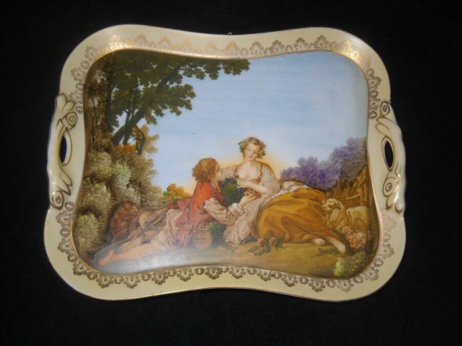 F Boucher Courting Couple Handled Tray Beautifully Hand Painted 12.5
