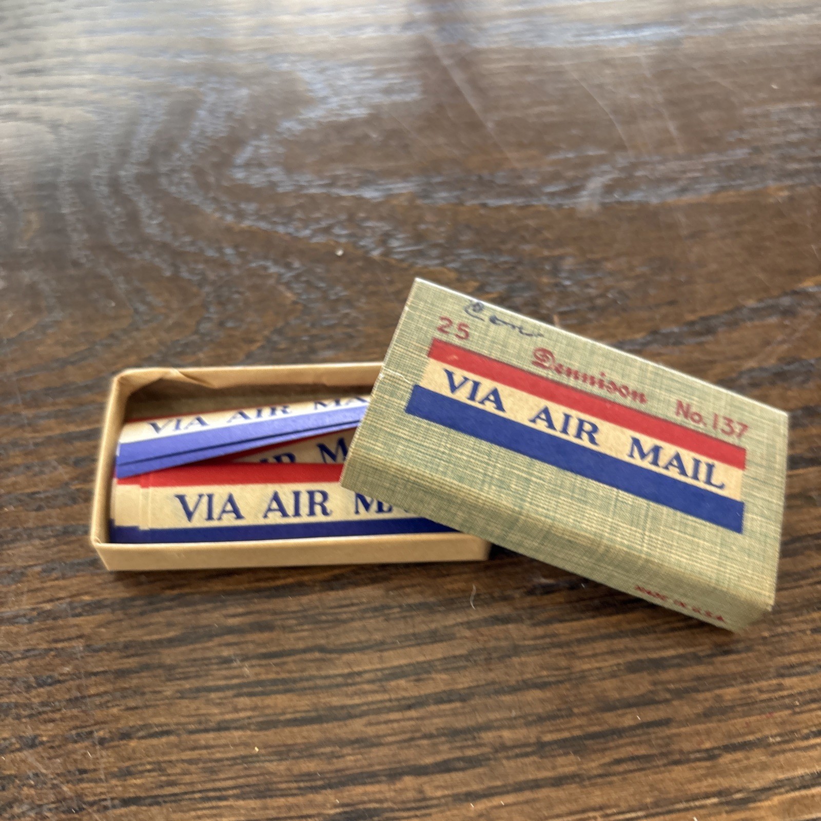 Dennison\'s VIA AIR MAIL No. 137 Labels Vintage Slider Box VINTAGE Partial Box