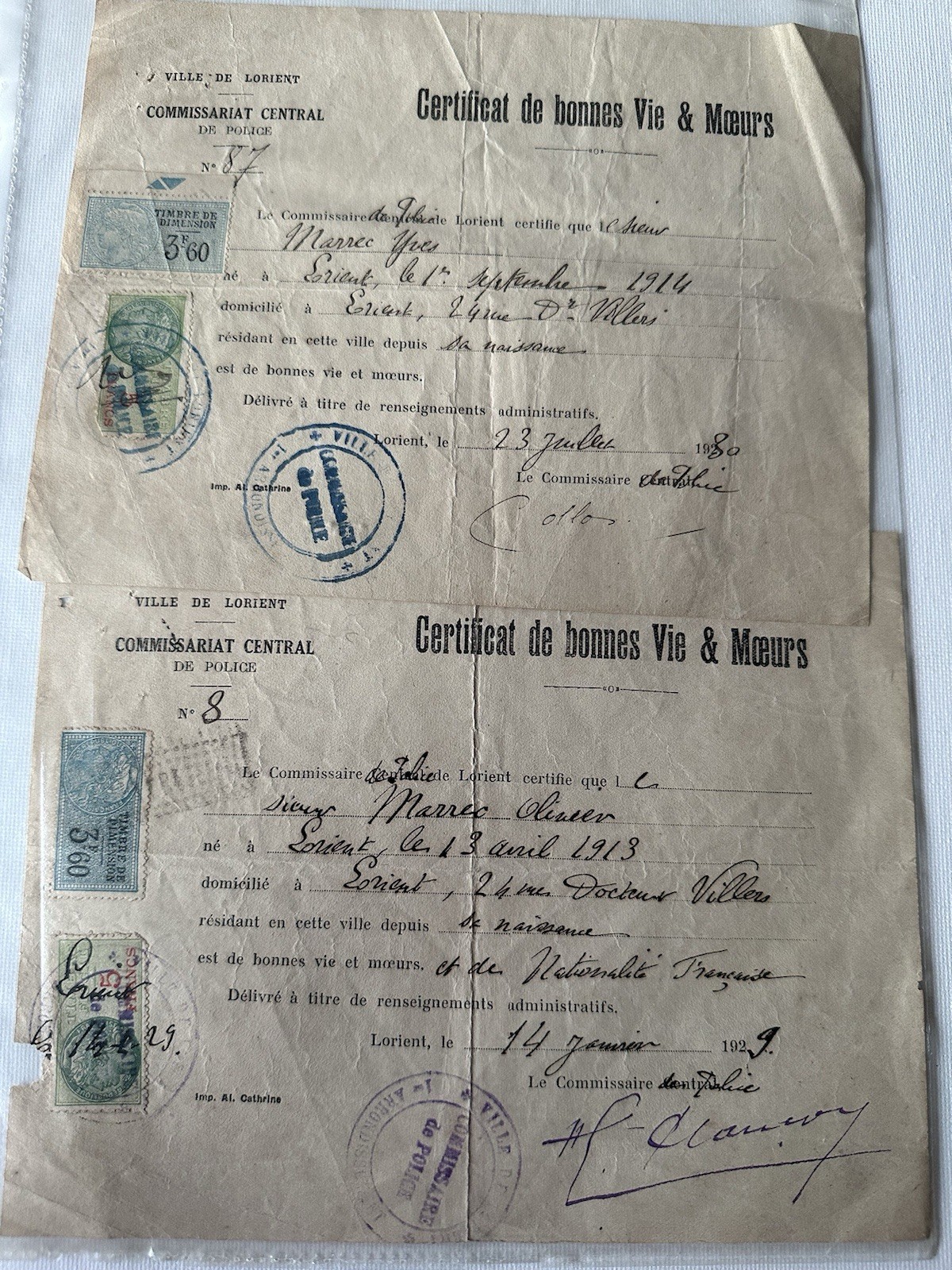 Rare Lot of 2 Certificates of Good Conduct - Lorient 1929-30 Tax Stamp