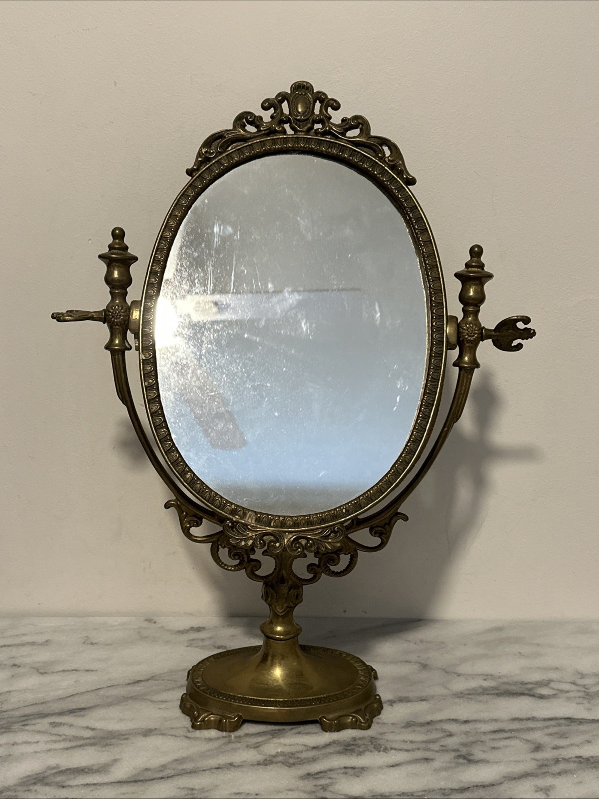  Vintage French Brass Swivel Vanity Mirror, Art Nouveau Tabletop Mirror