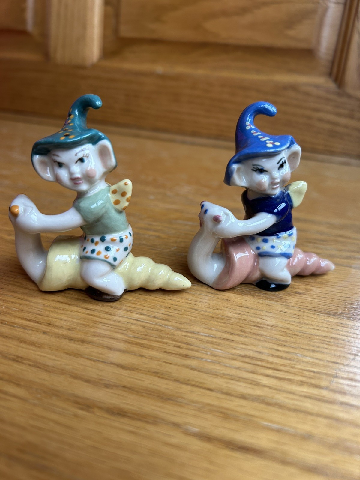 Pair Vtg Pixies Elves Figurines On Snails EUC