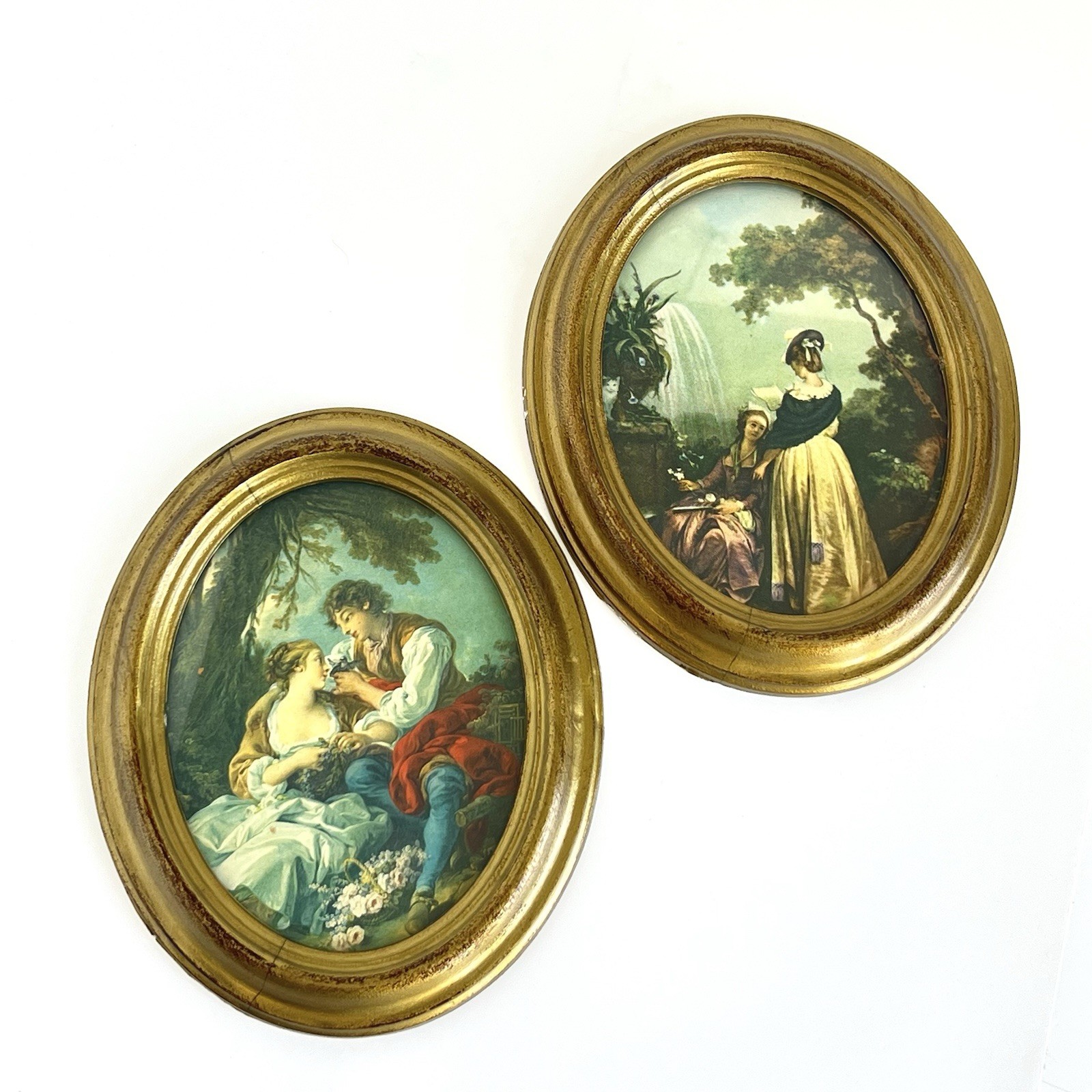 VTG Pair Italian Art Prints Courting Scene & 2 Women Oval Frame Italy Action