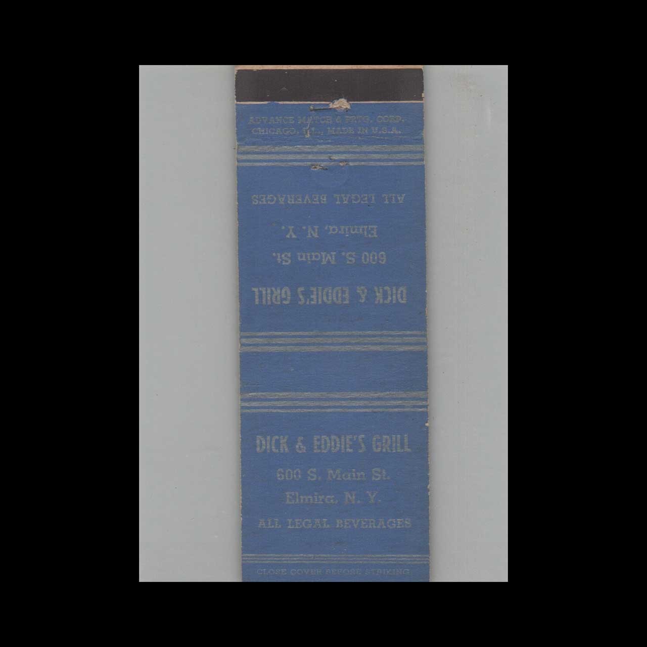 Matchbook Cover Advance Match Co. Dick & Eddie's Grill Elmira NY