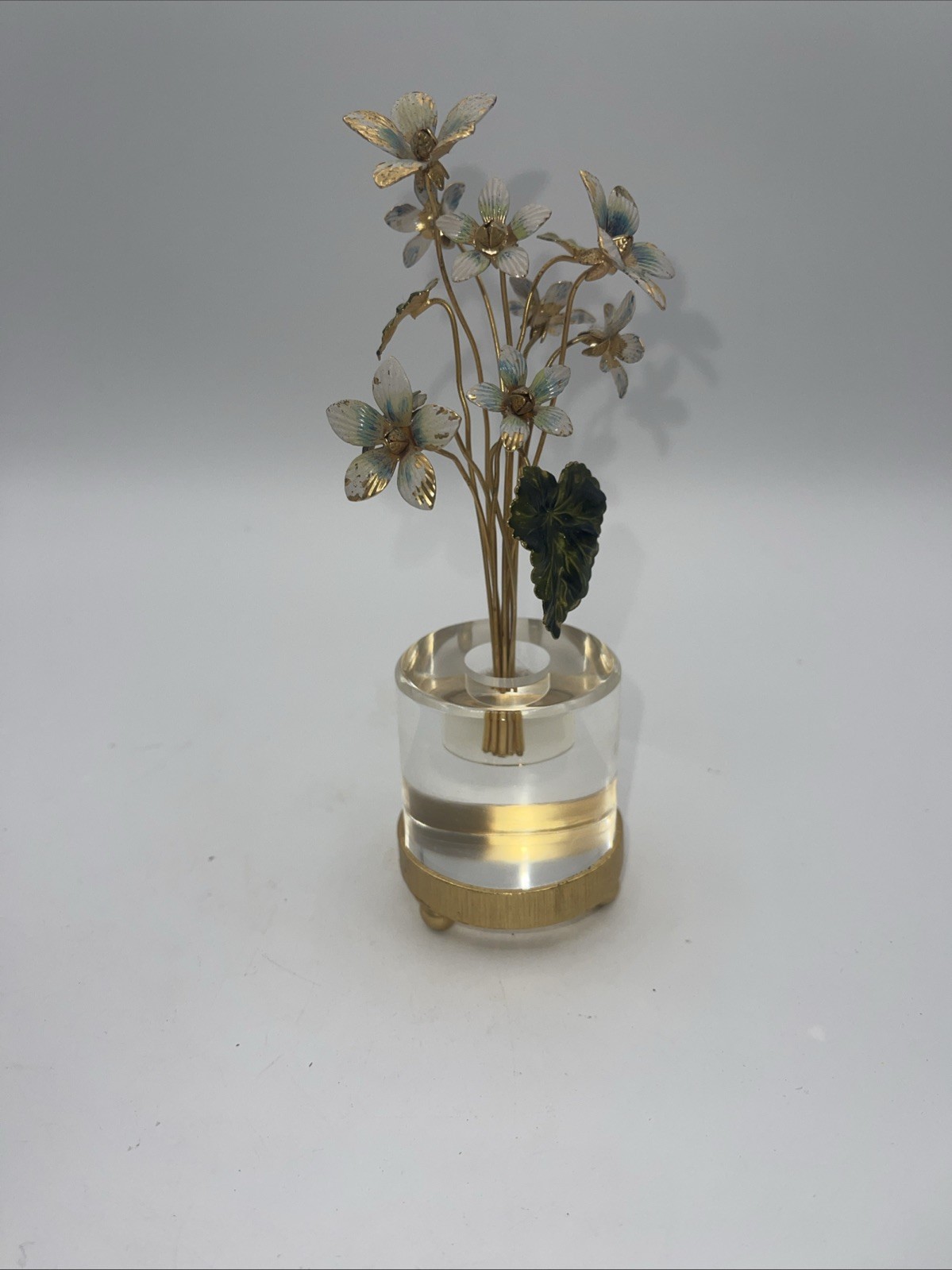 Vintage Jane Hutcheson Enamel Metal Flowers With Clear Lucite Base 7”