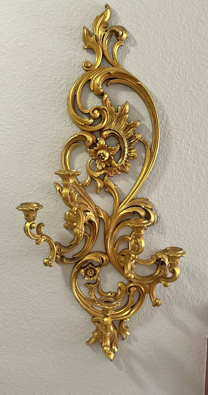 Set Of 2 Stunning XL Vintage 1971 Homco Gold Floral Wall Sconces Candle Holders Set Of 2 Stunning XL Vintage 1971 Homco Gold Floral Wall Sconces Candle Holders