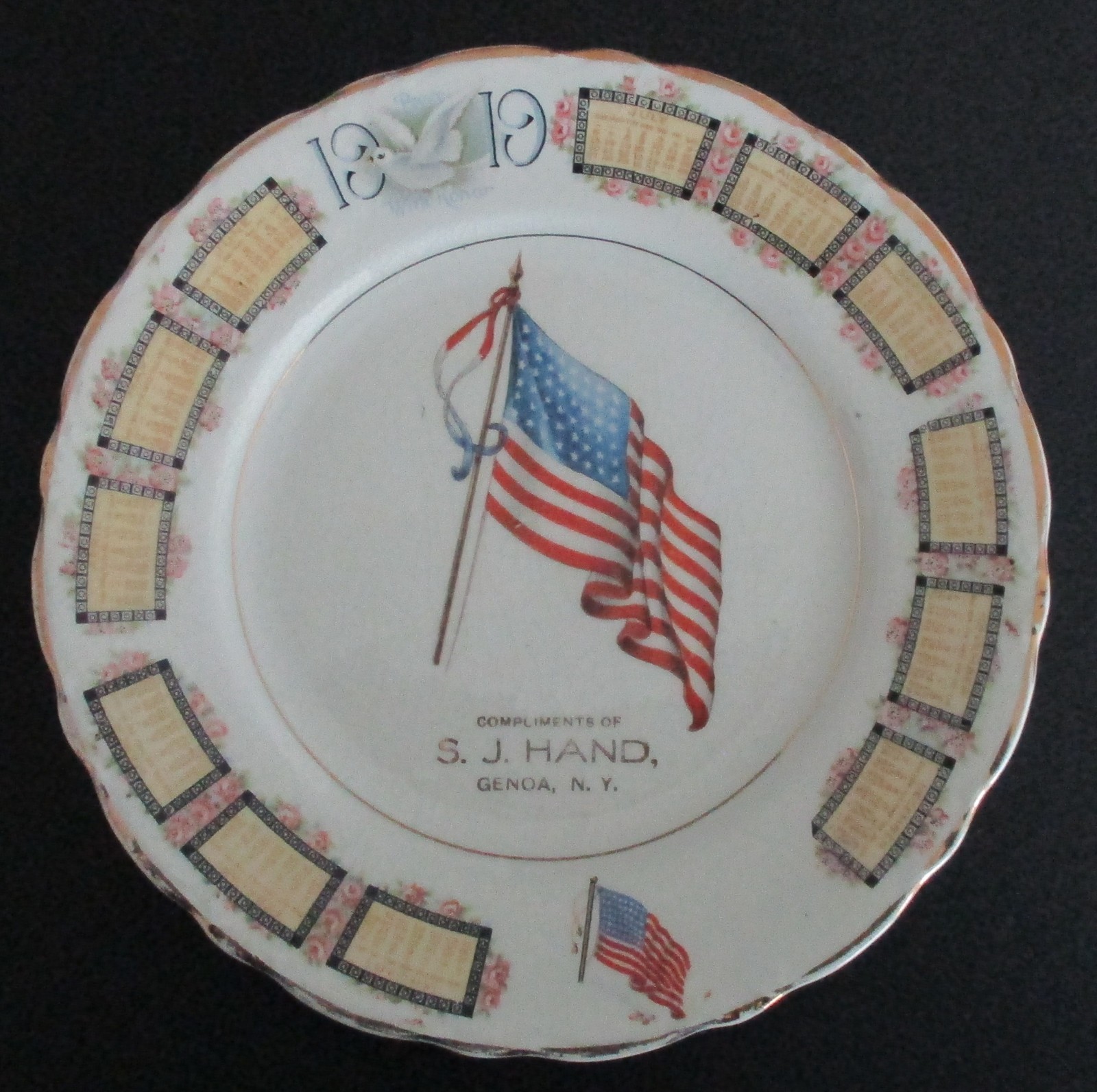 1919 Advertising Souvenir Calendar Peace End of WWI Plate Genoa New York