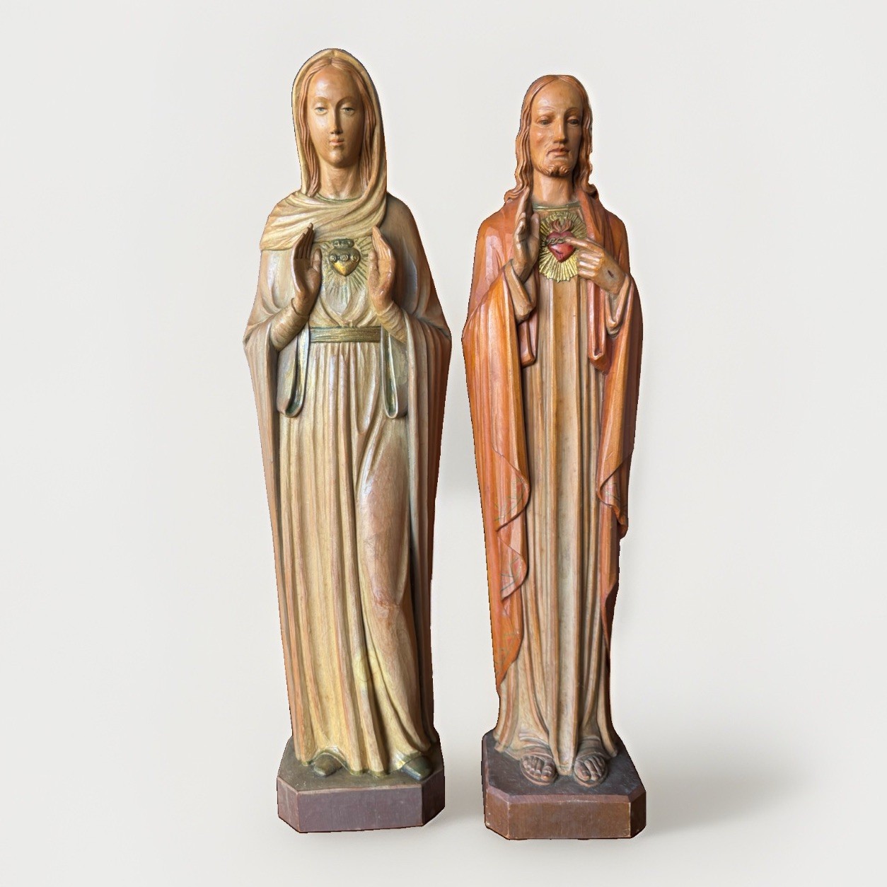Vintage Jesus & Virgin Mary Hand Carved Wood Statues Catholic Figures Italy