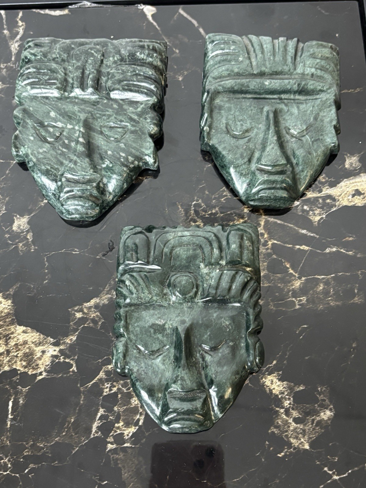 A Lot 3 OLMEC DARK GREEN STONE NEPHRITE CARVED MASK FACE PANEL Mexican Art A Lot 3 OLMEC DARK GREEN STONE NEPHRITE CARVED MASK FACE PANEL Mexican Art