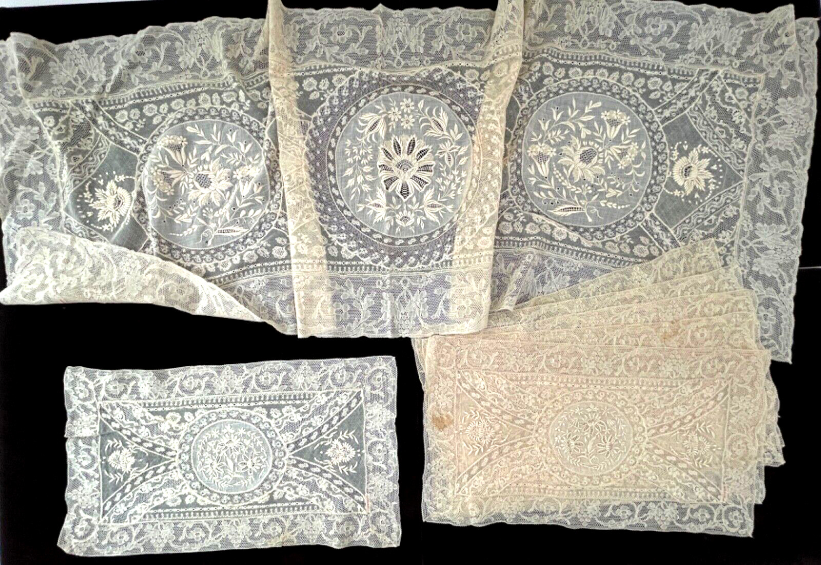 6 Vintage Antique Handmade Normandy Lace Placemats & Runner YY892