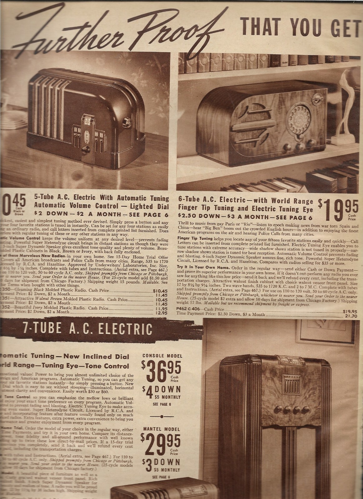 1938 Wards Catalog Ad Page A.C. Electric Radio Console Mantel Molded Plastic