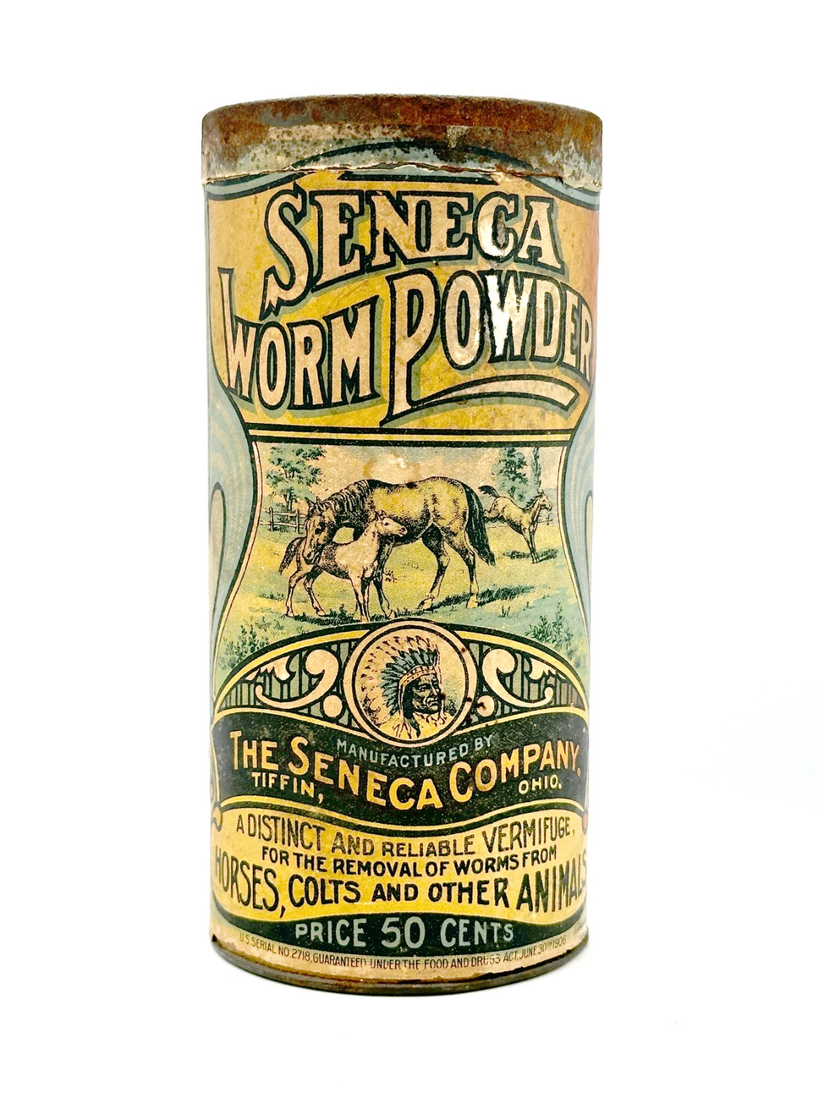 Vintage NICE 1906-1913 SENECA WORM POWDER TIN | HORSE QUACKERY w/Paper Label