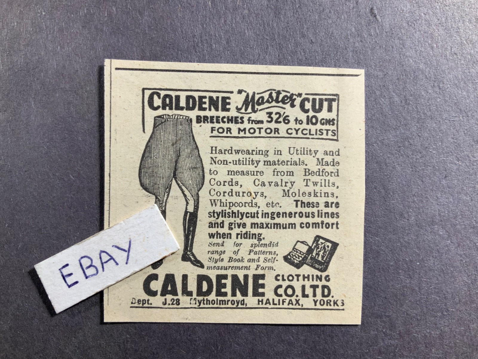 1952 British Print Ad. Caldene Clothing LTD. Halfax, York, UK. Breeches motorcyc 1952 British Print Ad. Caldene Clothing LTD. Halfax, York, UK. Breeches motorcyc