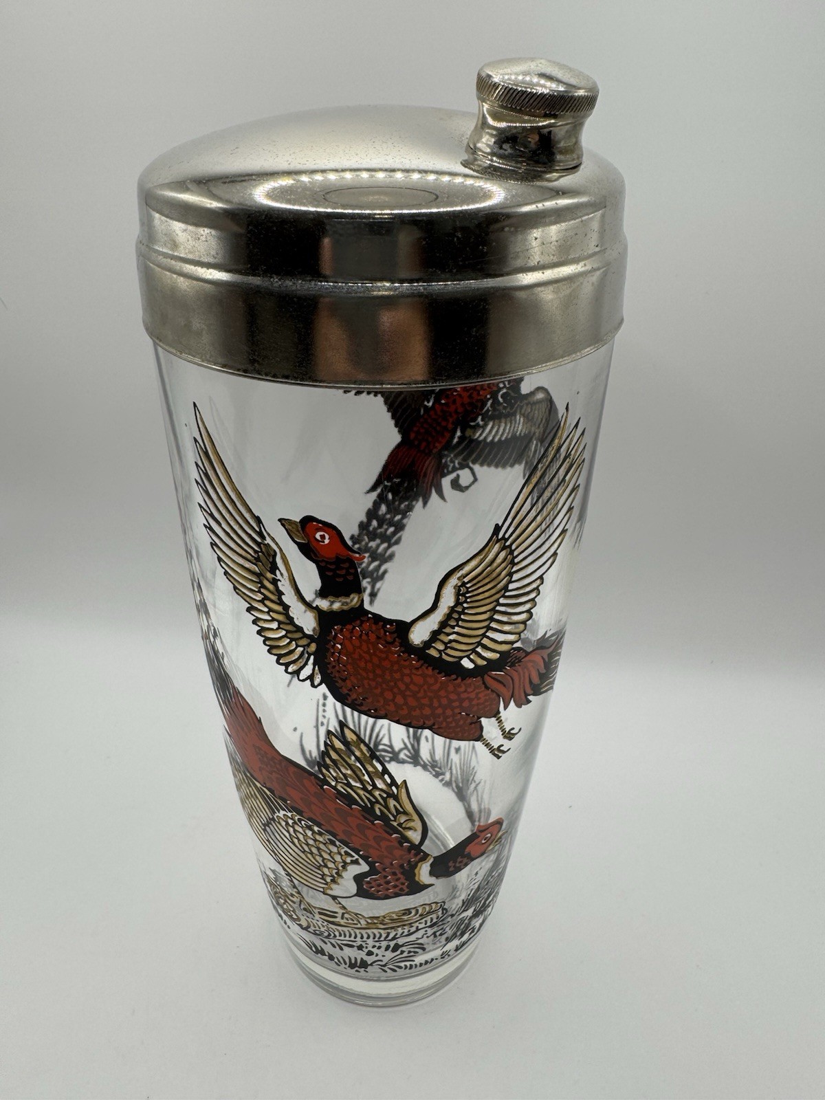 Vtg Mid Century Hazel Atlas Glass Cocktail Shaker Drink Mixer Pheasant Bird 9.5”