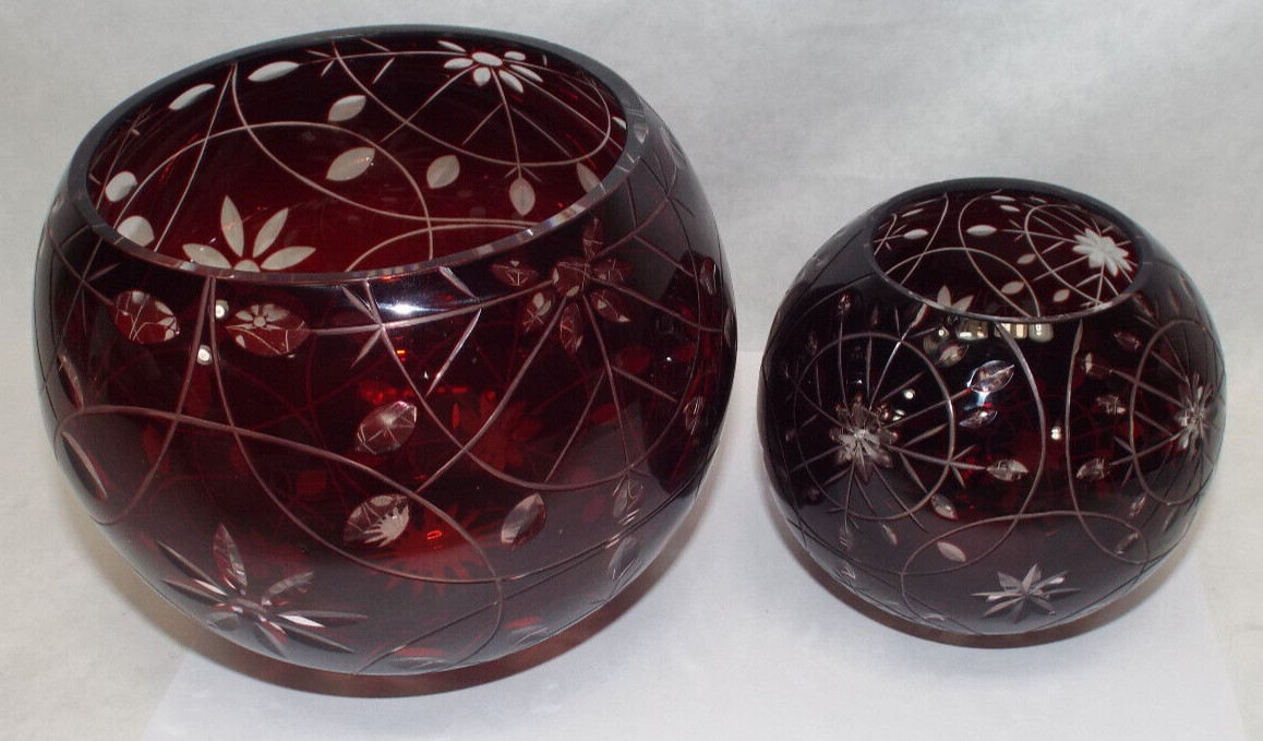 2 Mint Vintage Hand Made Ruby Red Bohemian Cut Crystal Art Glass Bowl Vase Set 2 Mint Vintage Hand Made Ruby Red Bohemian Cut Crystal Art Glass Bowl Vase Set