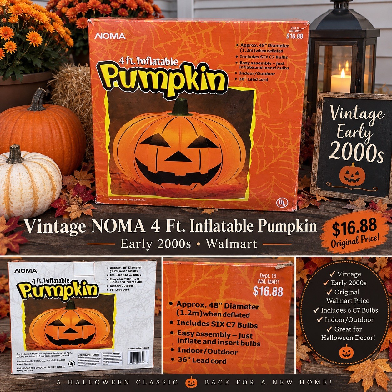 VTG New Old Stock 4 Foot Lighted Halloween Inflatable Pumpkin NEW Open Box