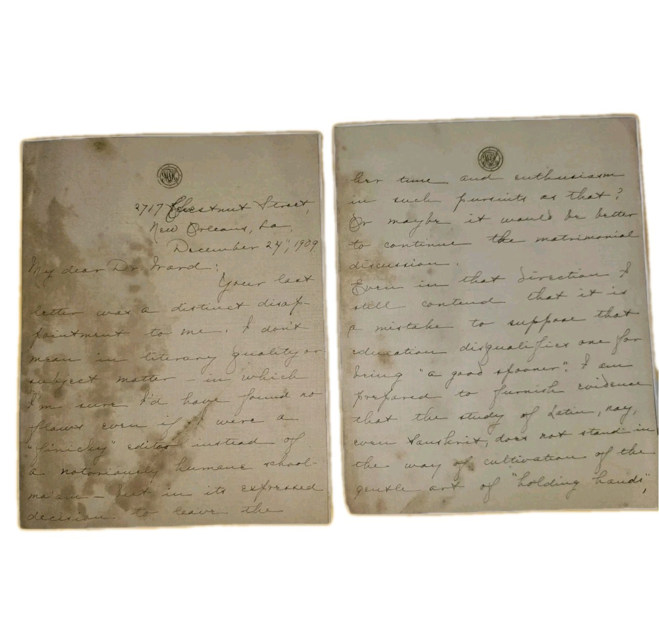 1909 New Orleans ALS Mary Harkness Newcomb Tulane ALS on Marriage, 2717 Chestnut