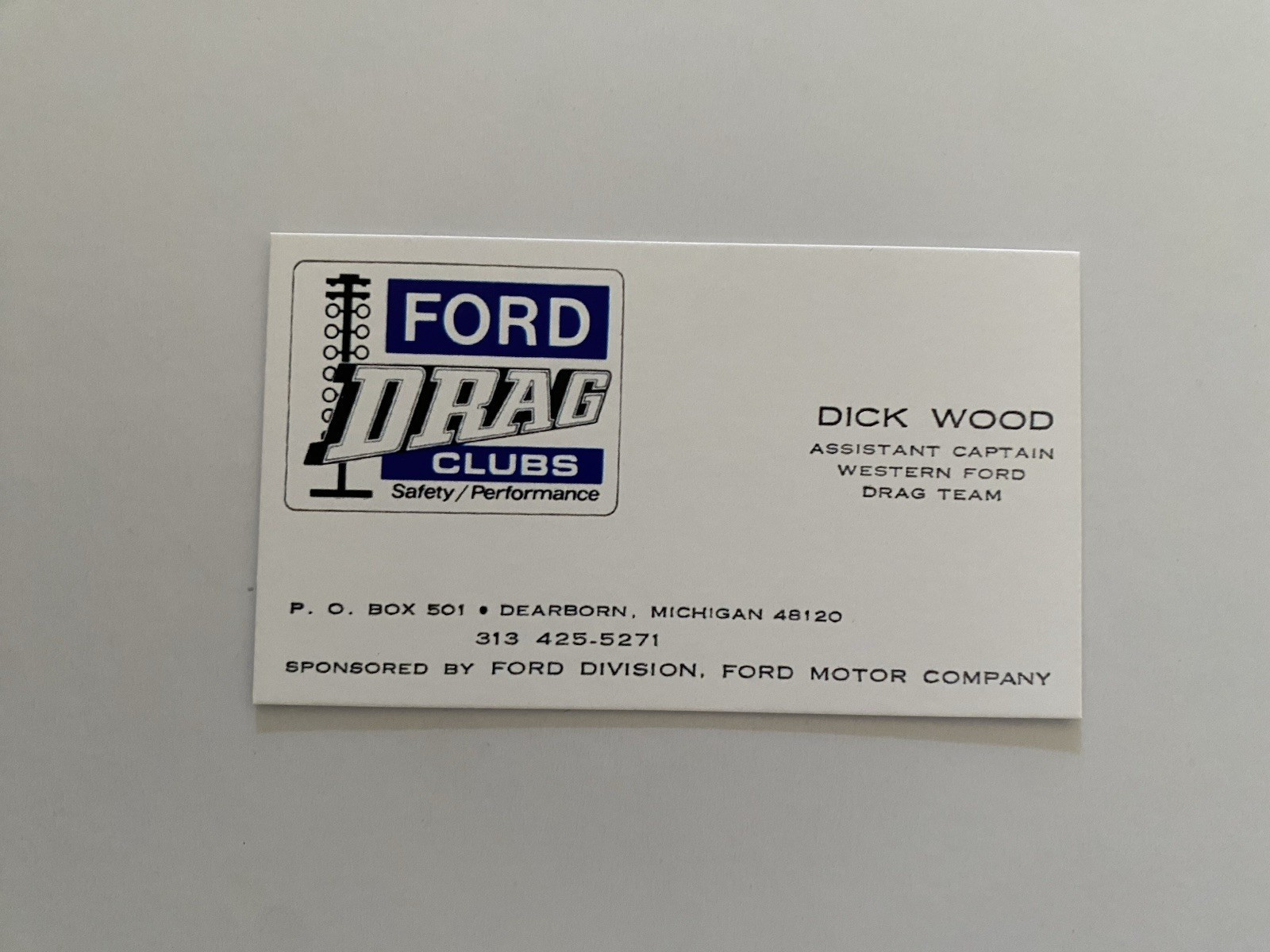 FORD DRAG CLUBS BUSINESS CARD - DICK WOOD - VINTAGE REPRINT - RACING