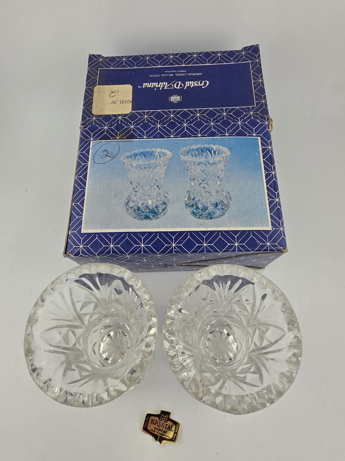 Crystal D Adriana Vase Miniature Bud Original Box Set 2 Yugoslavia Lead Glass