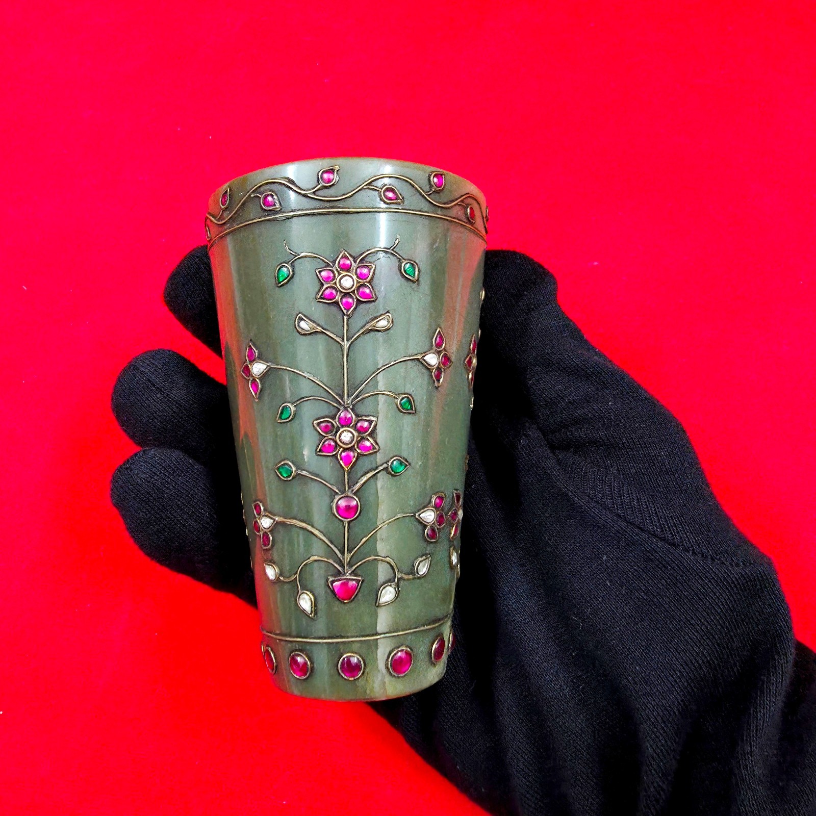 Vintage Rare Indian Islamic Mughal Jeweled Studded Precious Stone Jade Glass Cup