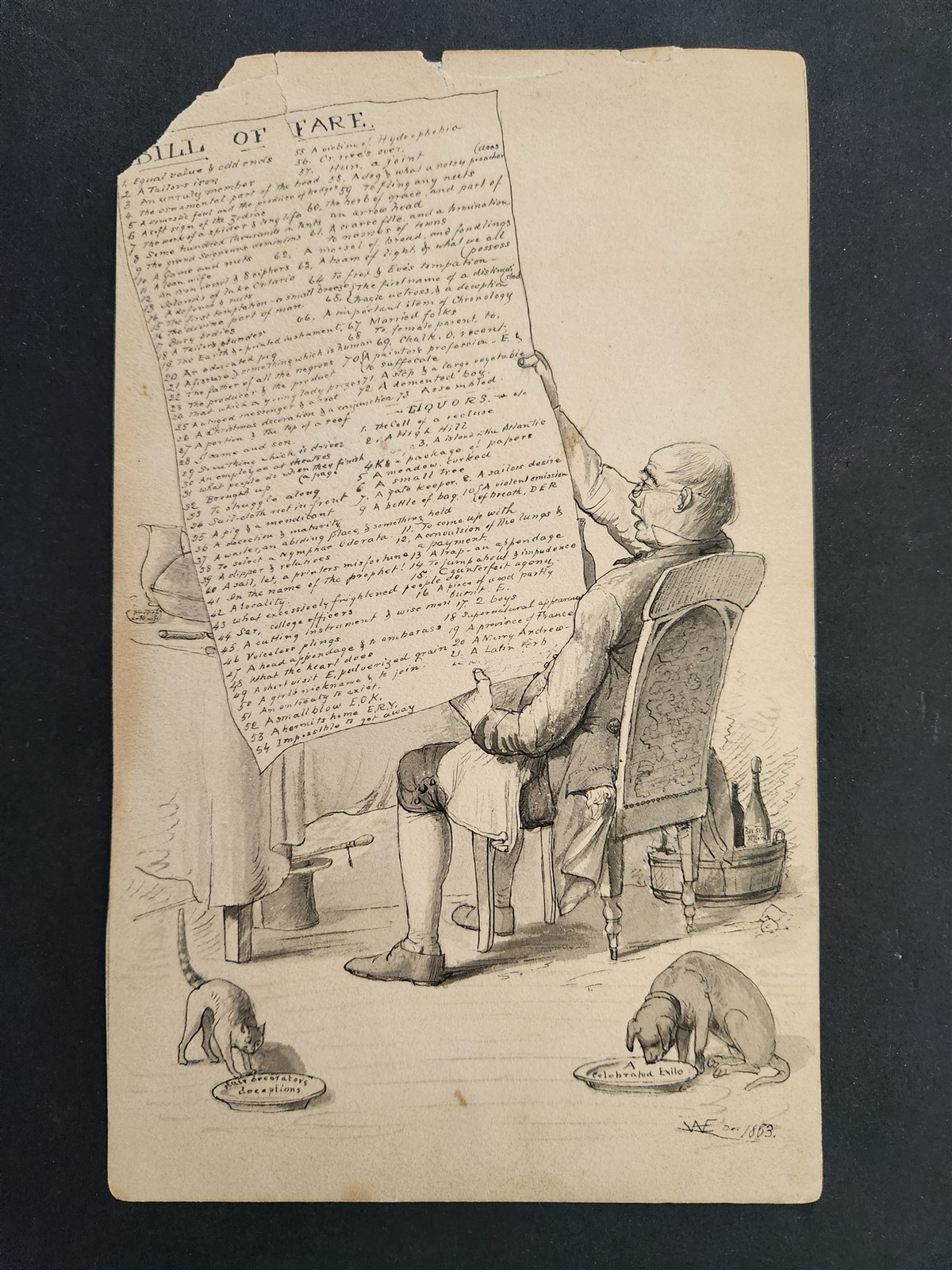 1883 antique BILL OF FARE handwritten COMIC MENU FOOD LIQUOR satire WE fecit