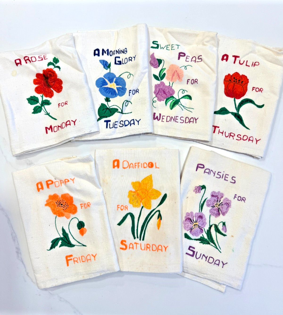 VTG 1950s Days of the Week Flowers Towels Liquid Embroidery/Artex Vogart #215
