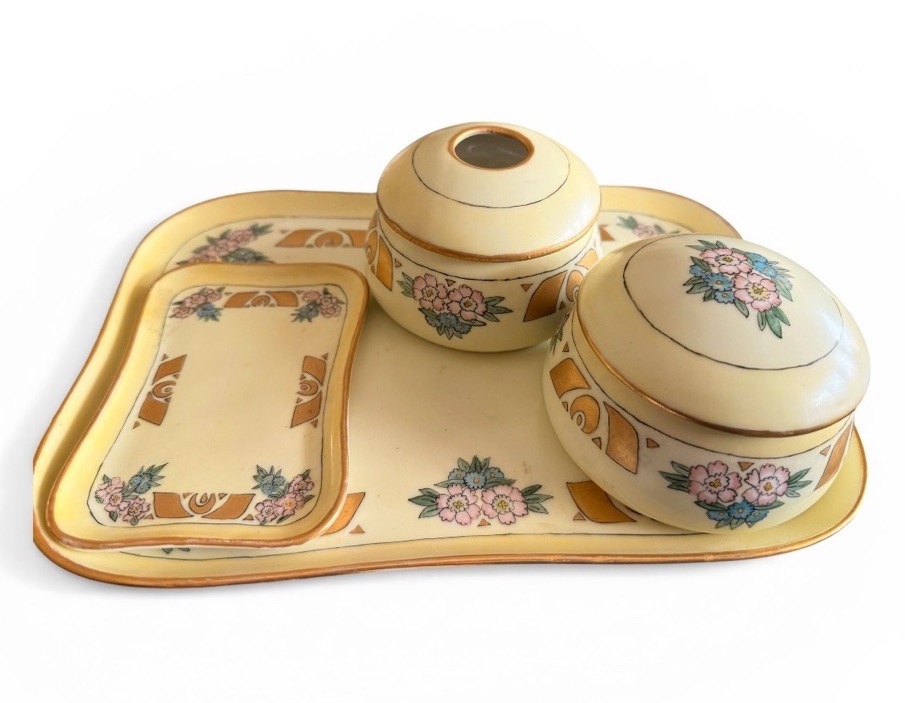 Vtg Vignaud Limoge Porcelain Vanity Tray Dresser Set Gold Floral Art Nouveau