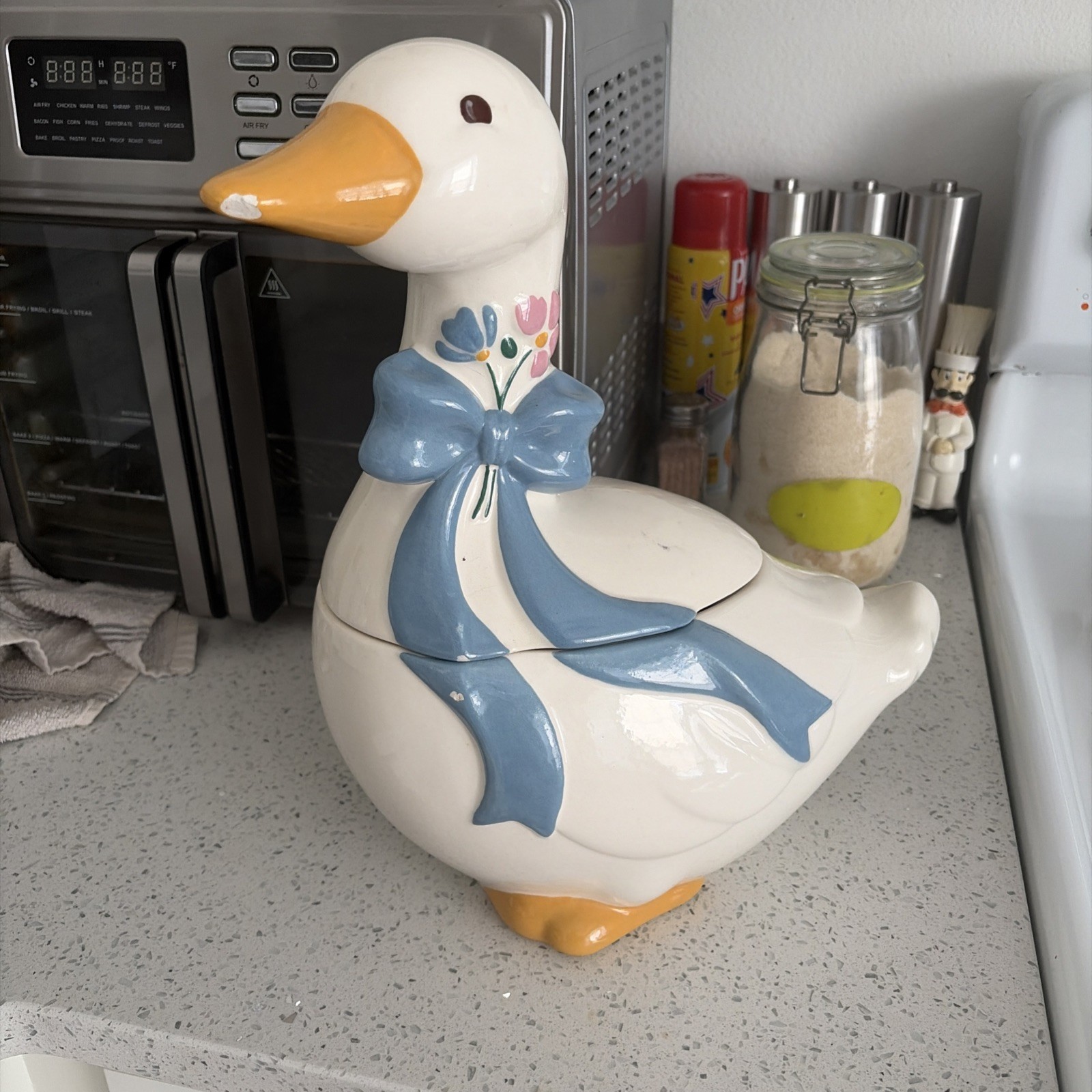 Vintage Country Goose Blue Bow Ceramic Cookie Jar Cottage Core Grandma