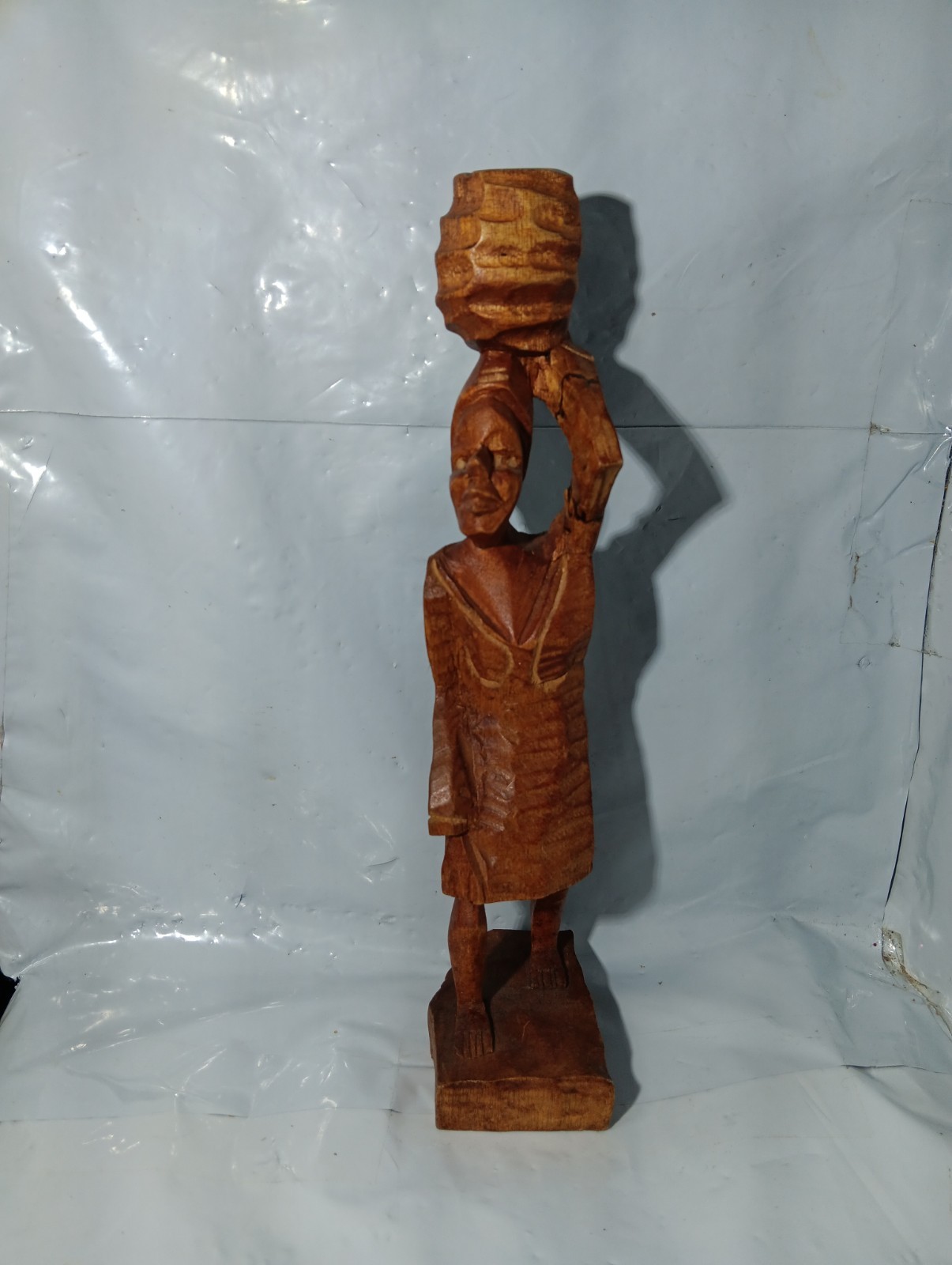 Vintage Haitian Woman Carrying Basket on Head Hand Carved Wood 10×2 Inches 