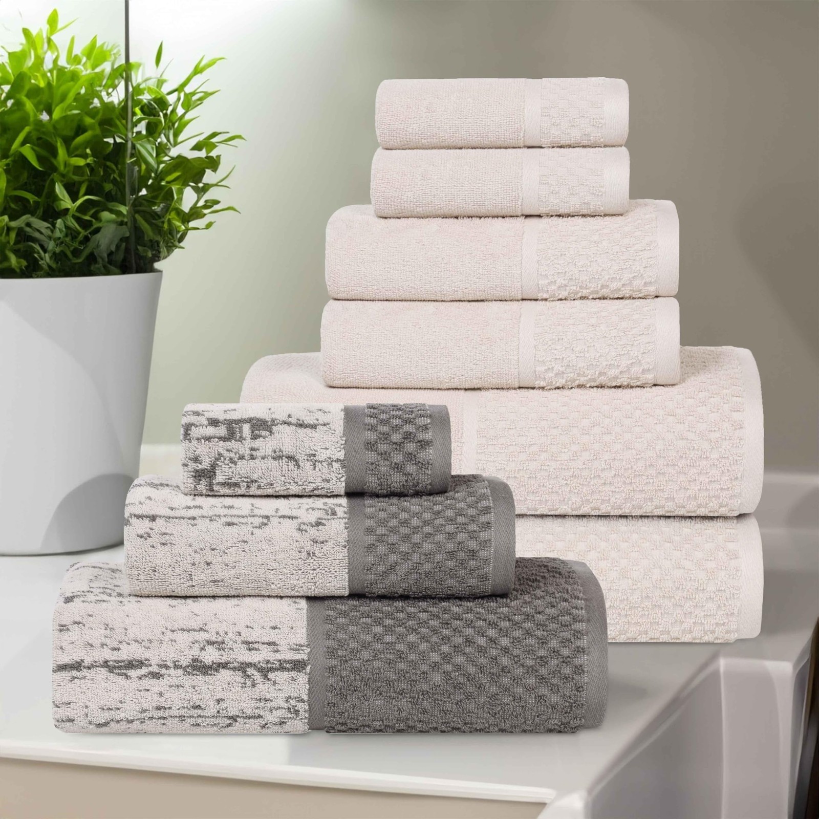 Superior Cotton 9 Piece Towel Set, Lodie Collection, Ivory-Charcoal, 3 Bath 3 Superior Cotton 9 Piece Towel Set, Lodie Collection, Ivory-Charcoal, 3 Bath 3
