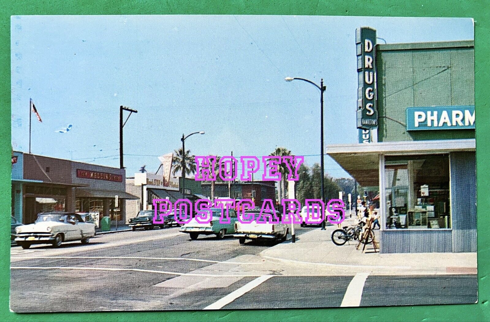 ROUTE 66 ~ LA VERNE, CA ~ D. ST at 3rd ~ vintage CARS, BIKE ~ postcard ~ 1950s