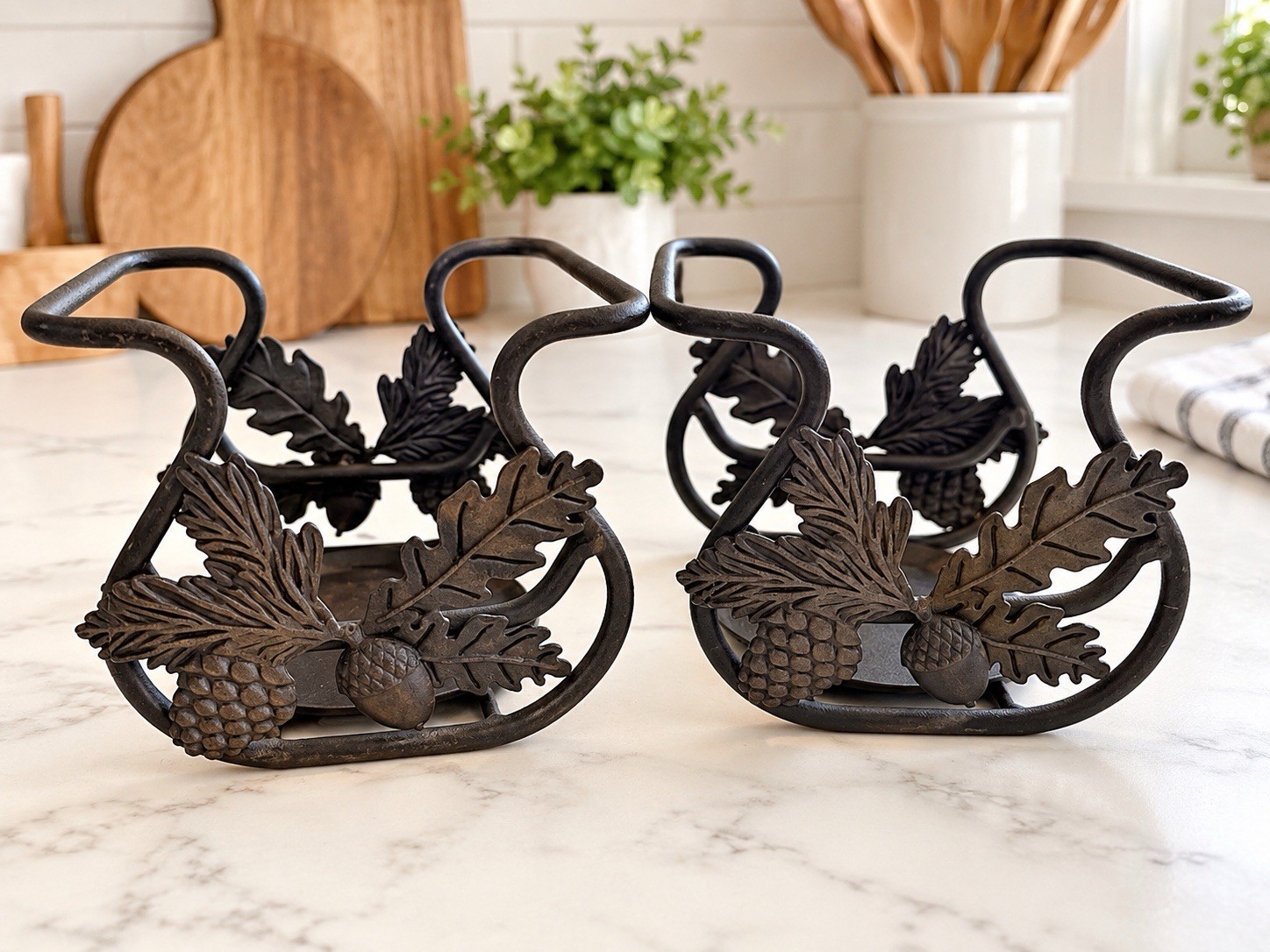 Vintage Longaberger Wrought Iron Toboso Candle Holders Leaf Acorn Pinecone Set